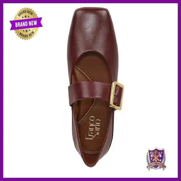 Leather Ballet Flats with Adjustable Buckle Strap, Square Toe, Size 7